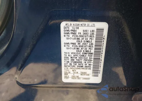 2007 Nissan Murano Sl/Se/S z USA, uszkodzony, nr VIN JN8AZ08W57W629185